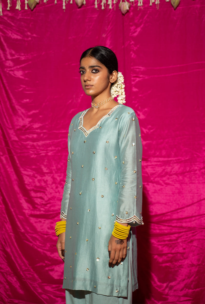 Mint Embroidered Short Kamli Kurta Set