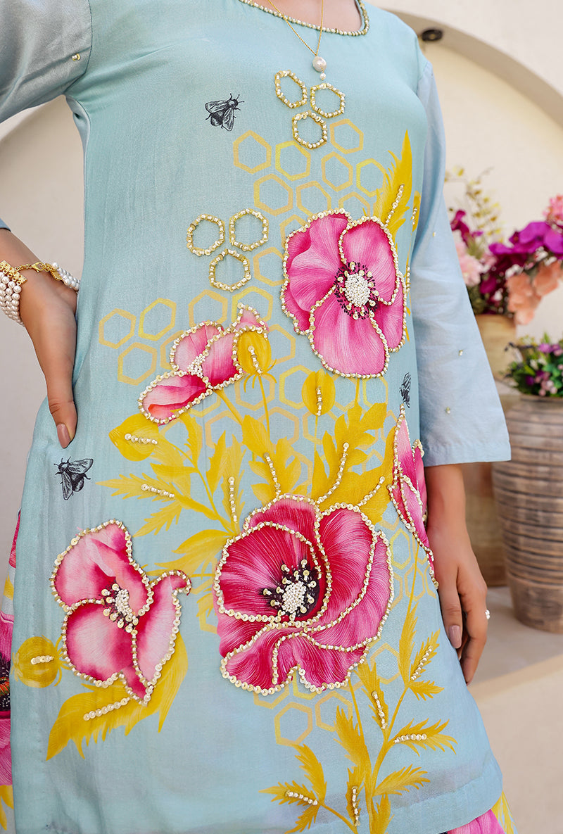 Mint Garden Printed Embroidered Magnolia Sharara Set