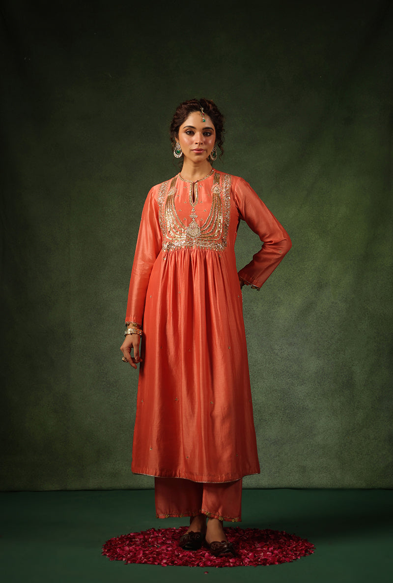 Peach Heavy Zardosi Yoke Ishq Kurta Set