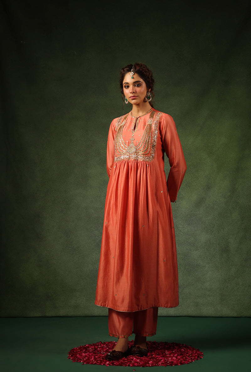 Peach Heavy Zardosi Yoke Ishq Kurta Set