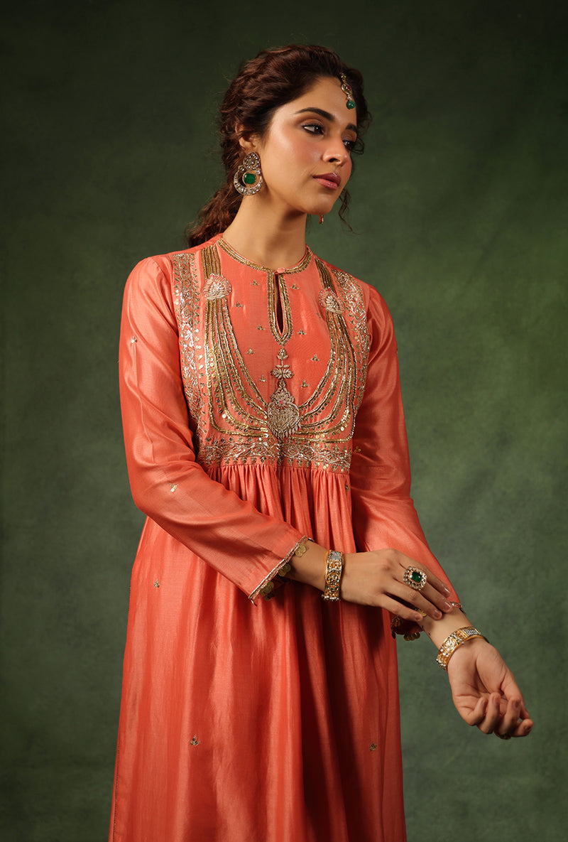 Peach Heavy Zardosi Yoke Ishq Kurta Set
