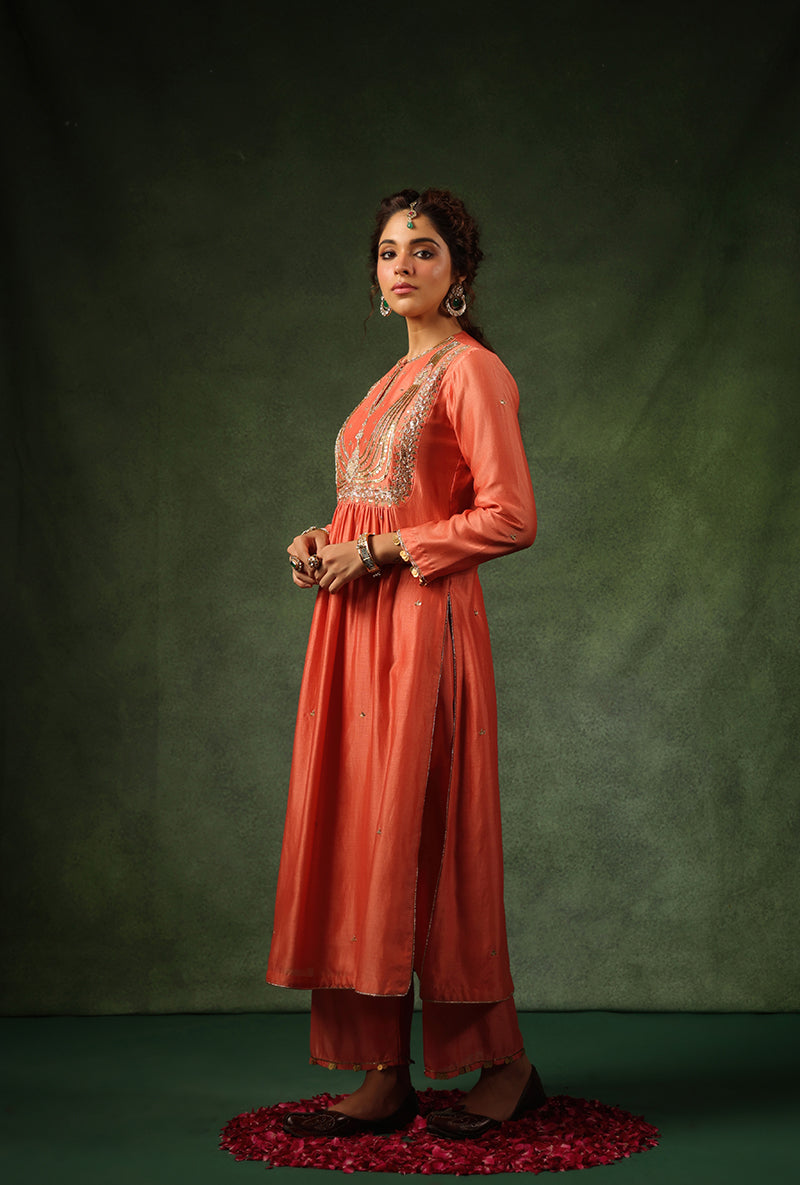 Peach Heavy Zardosi Yoke Ishq Kurta Set