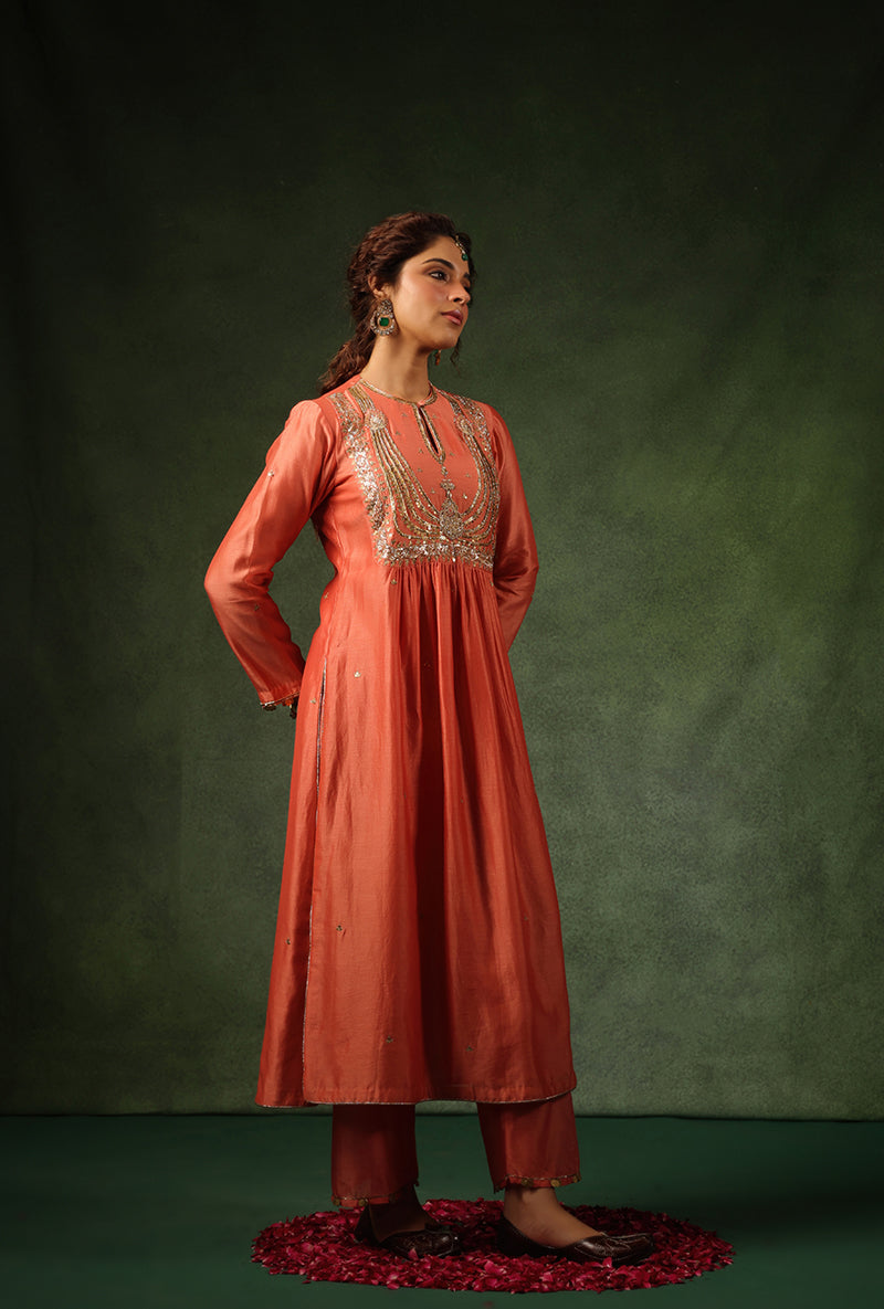 Peach Heavy Zardosi Yoke Ishq Kurta Set