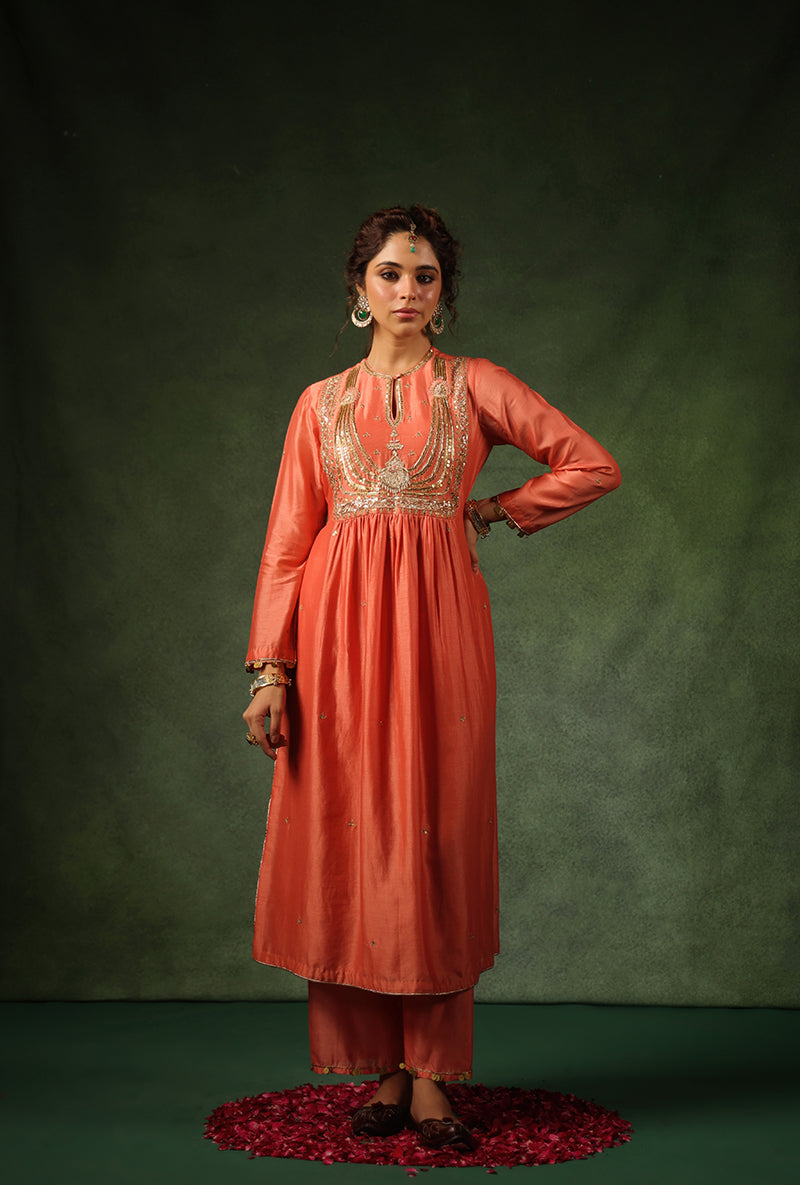 Peach Heavy Zardosi Yoke Ishq Kurta Set