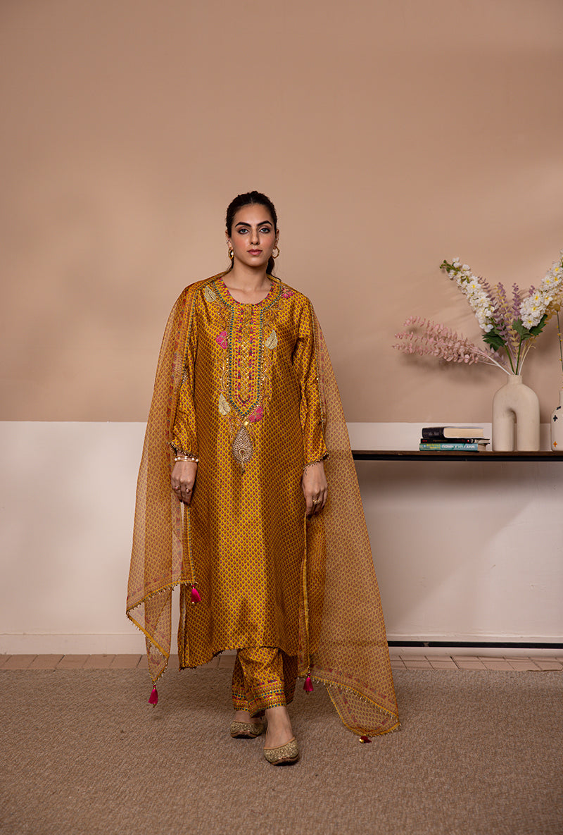 Yellow Cheent Print Heavy Neck Shaheen Kurta Set