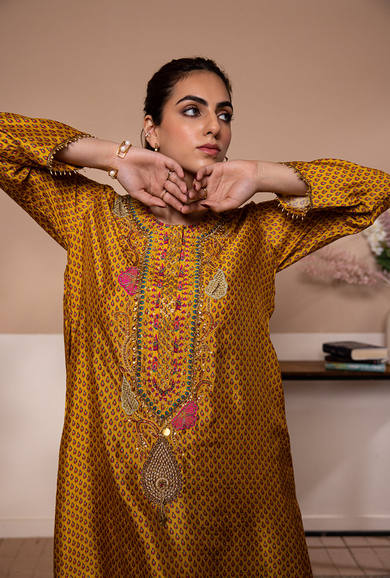 Yellow Cheent Print Heavy Neck Shaheen Kurta Set
