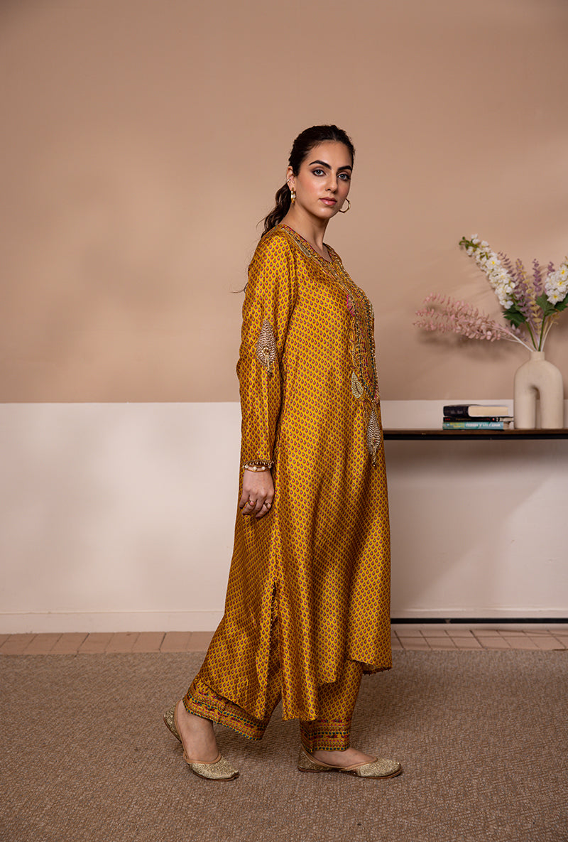 Yellow Cheent Print Heavy Neck Shaheen Kurta Set