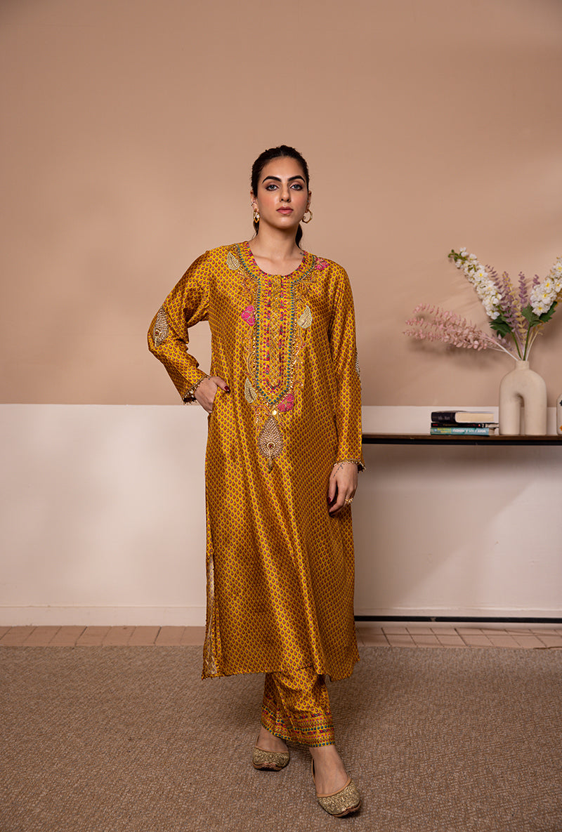 Yellow Cheent Print Heavy Neck Shaheen Kurta Set