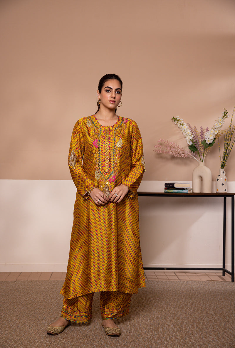 Yellow Cheent Print Heavy Neck Shaheen Kurta Set