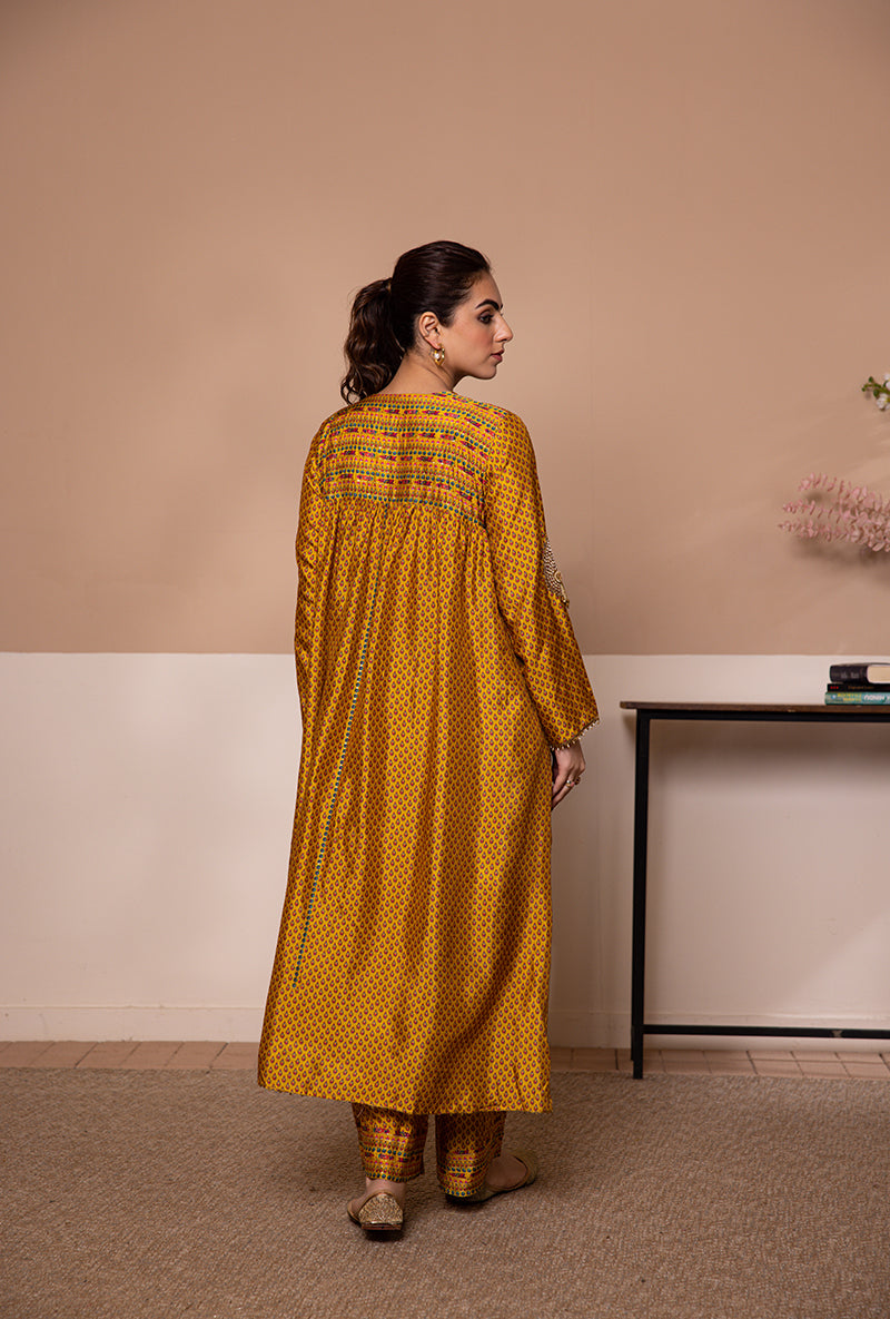 Yellow Cheent Print Heavy Neck Shaheen Kurta Set