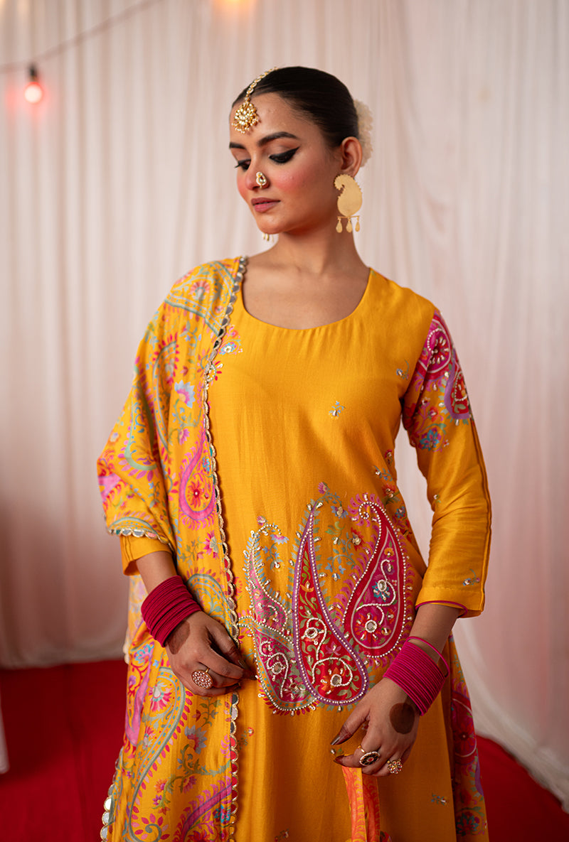 Yellow Embroidered Placement Print Kikli Kurta Set