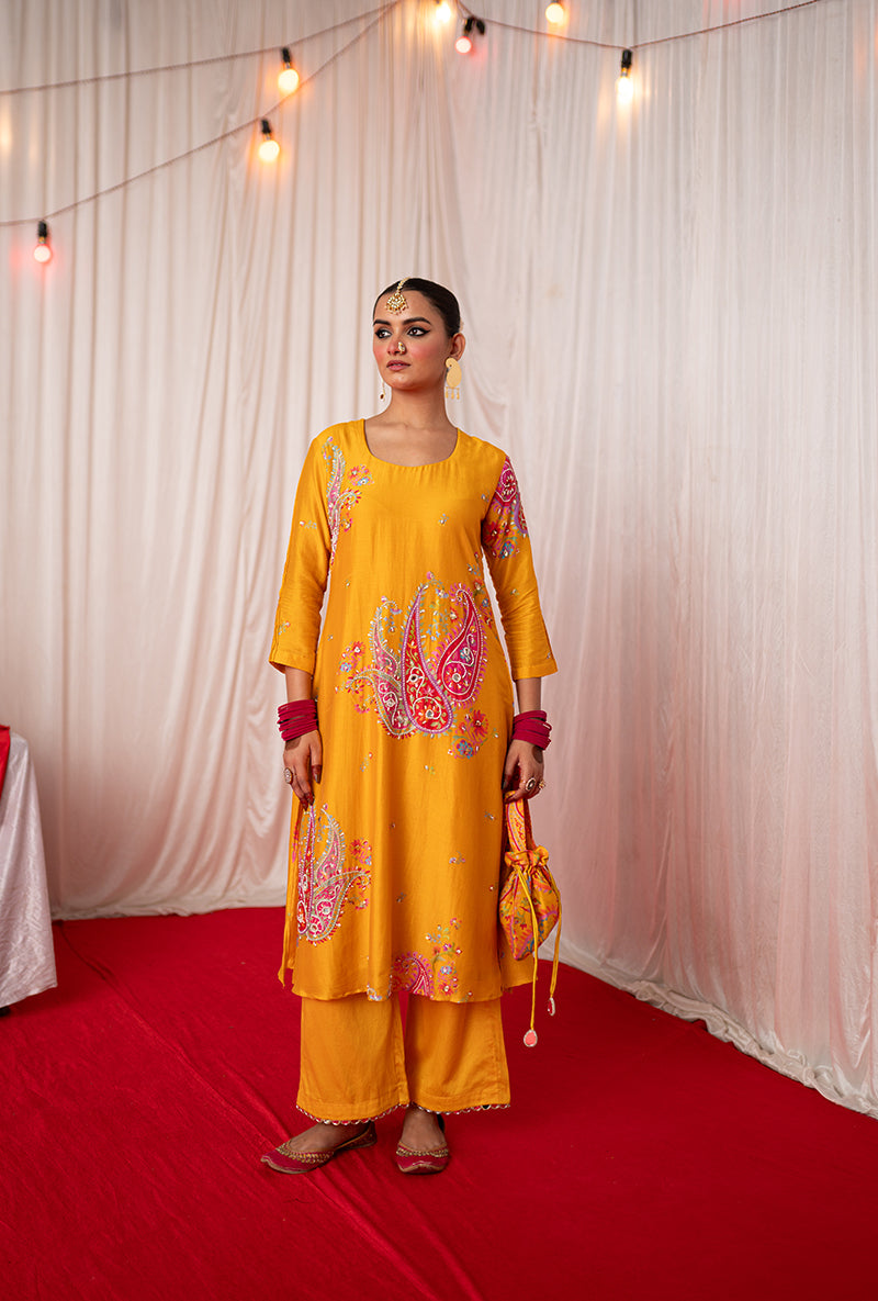 Yellow Embroidered Placement Print Kikli Kurta Set