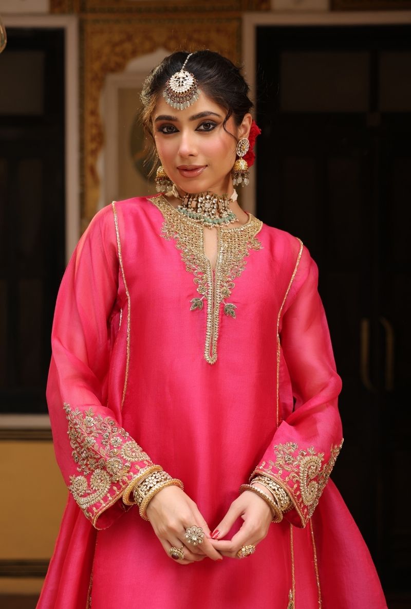 Pink Pheran Short Mehfil Kurta Set