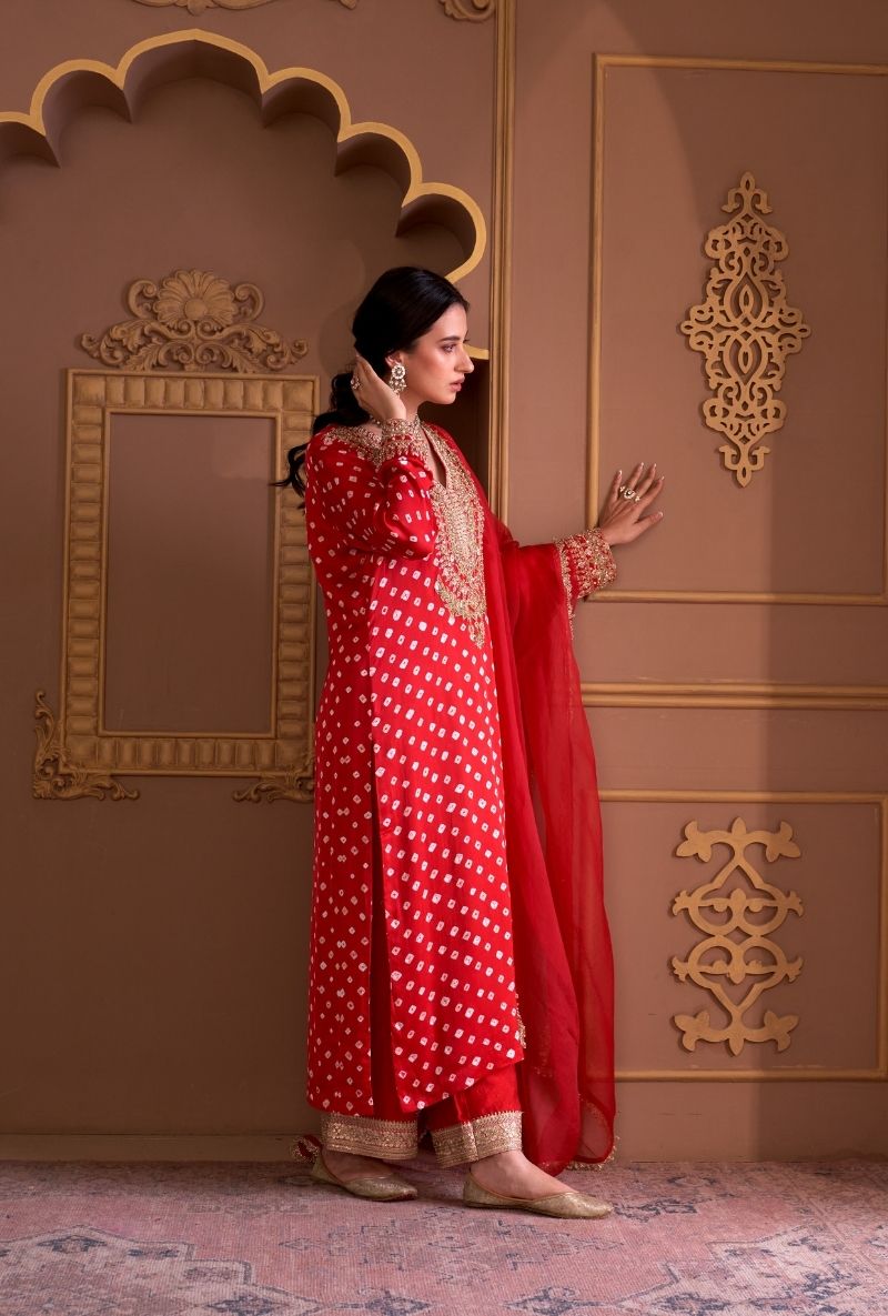 Red Bandhej Rasia Kurta Set