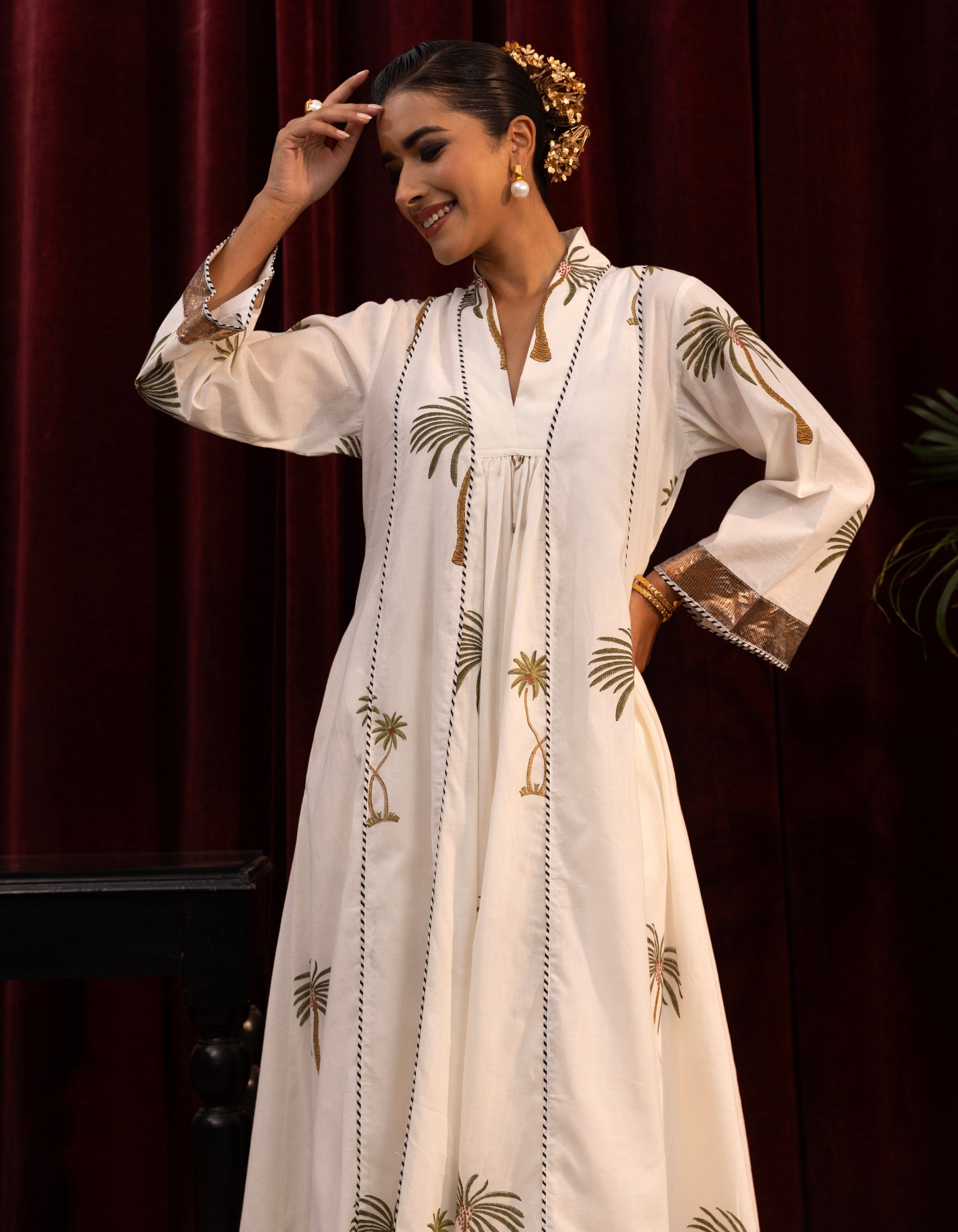 White Palm Print Kali Mogra Kurta Set