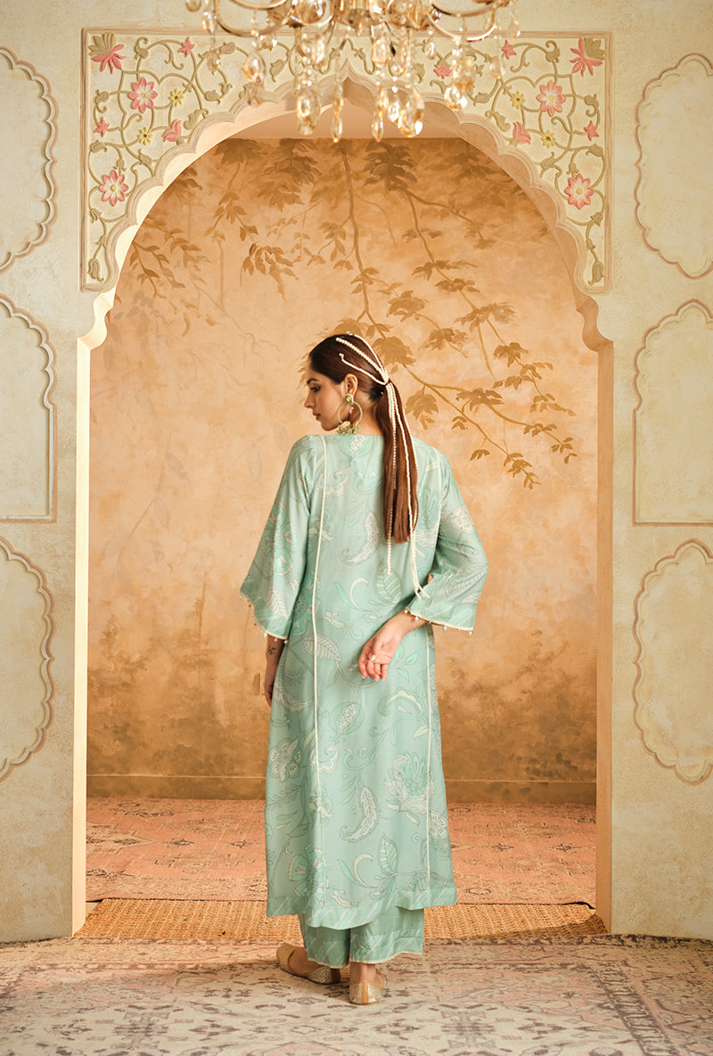 Aqua Floral Digital Printed Goonj Kurta Set