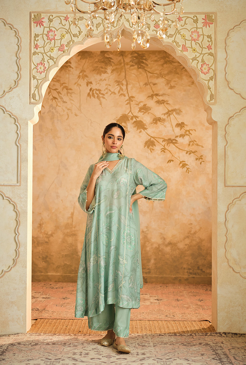 Aqua Floral Digital Printed Goonj Kurta Set