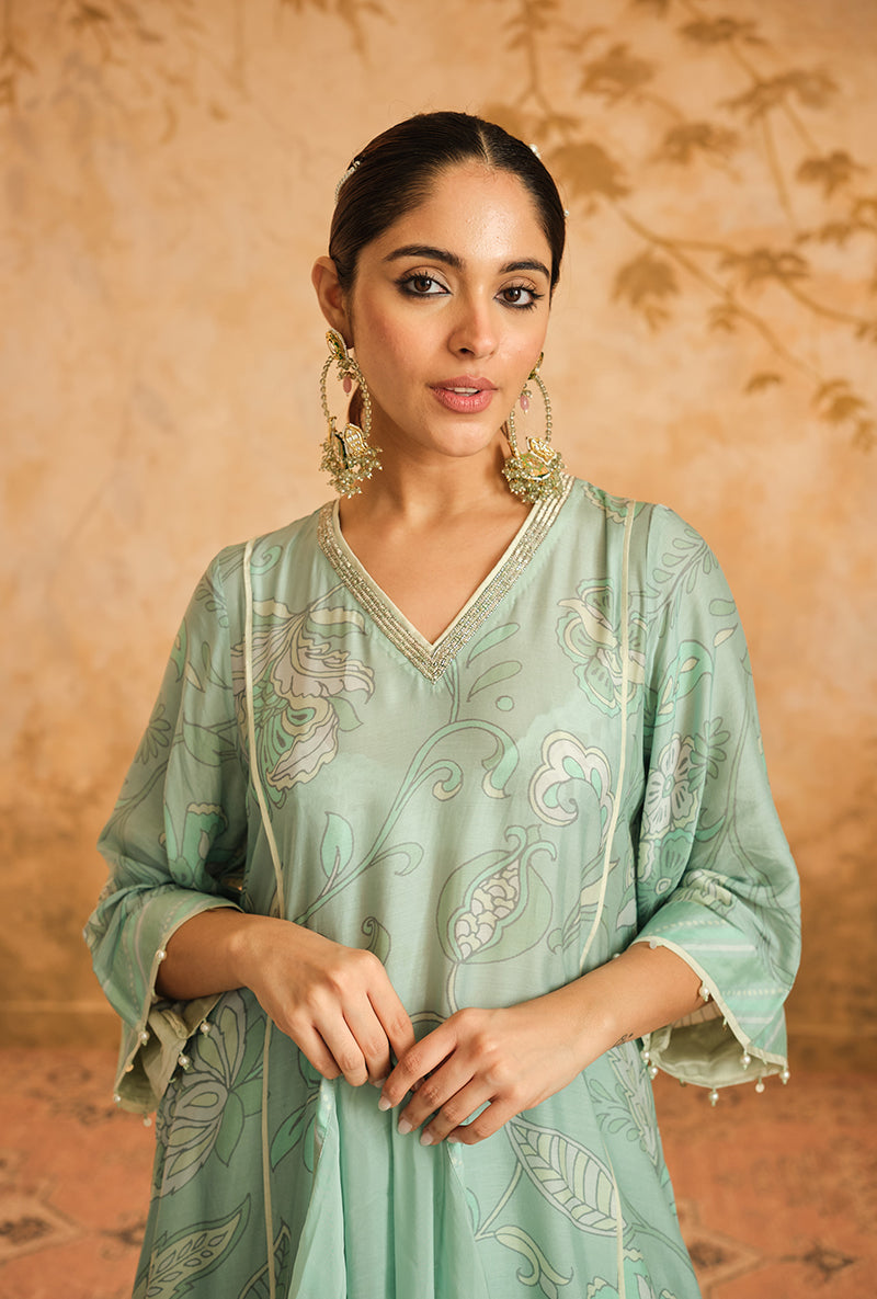 Aqua Floral Digital Printed Goonj Kurta Set