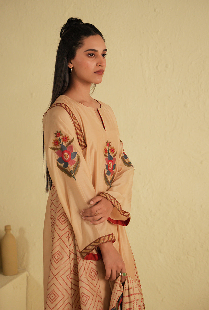 Cream Side Gathered Noorie Kurta Set
