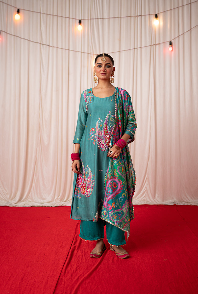 Green Embroidered Placement Print Kikli Kurta Set