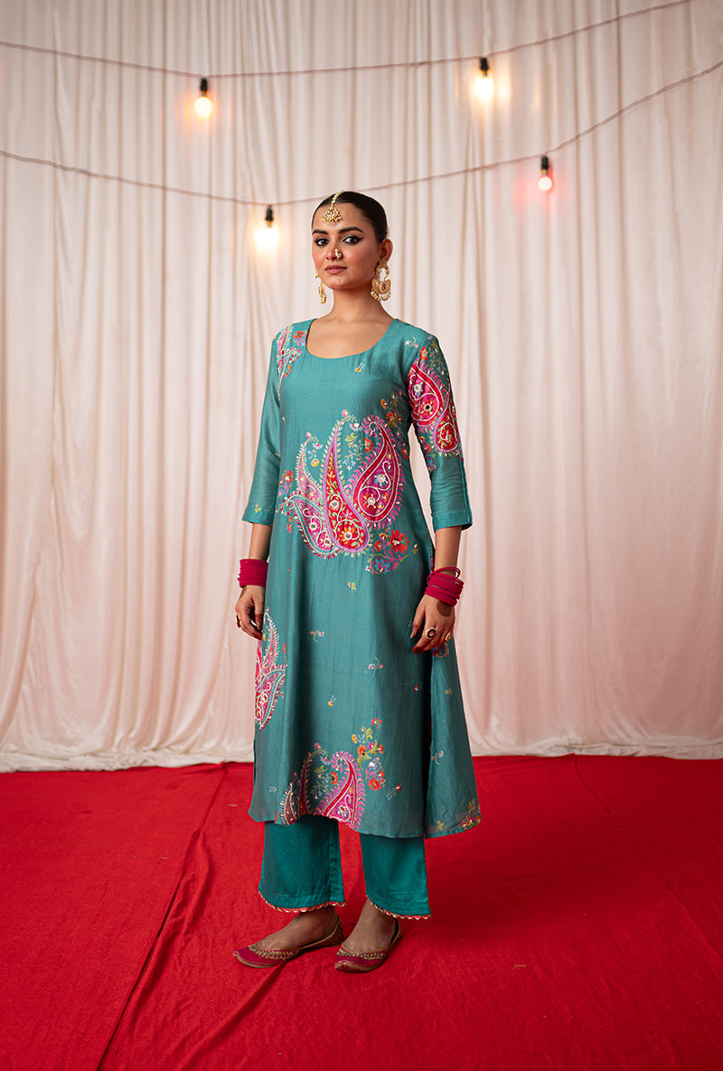 Green Embroidered Placement Print Kikli Kurta Set