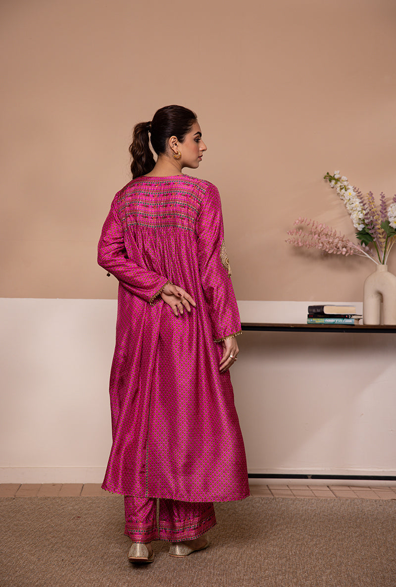 Pink Cheent Print Heavy Neck Shaheen Kurta Set