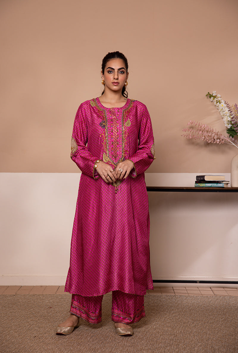 Pink Cheent Print Heavy Neck Shaheen Kurta Set