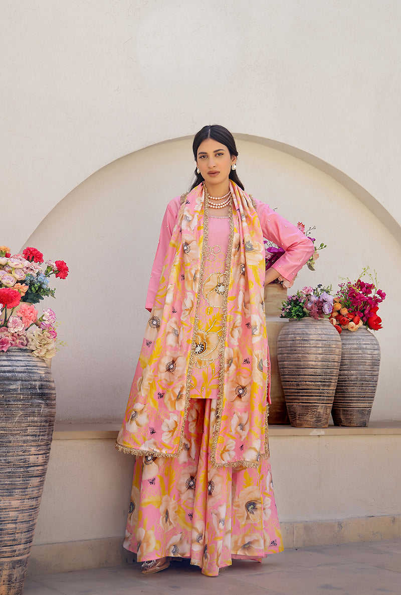 Pink Garden Printed Embroidered Magnolia Sharara Set