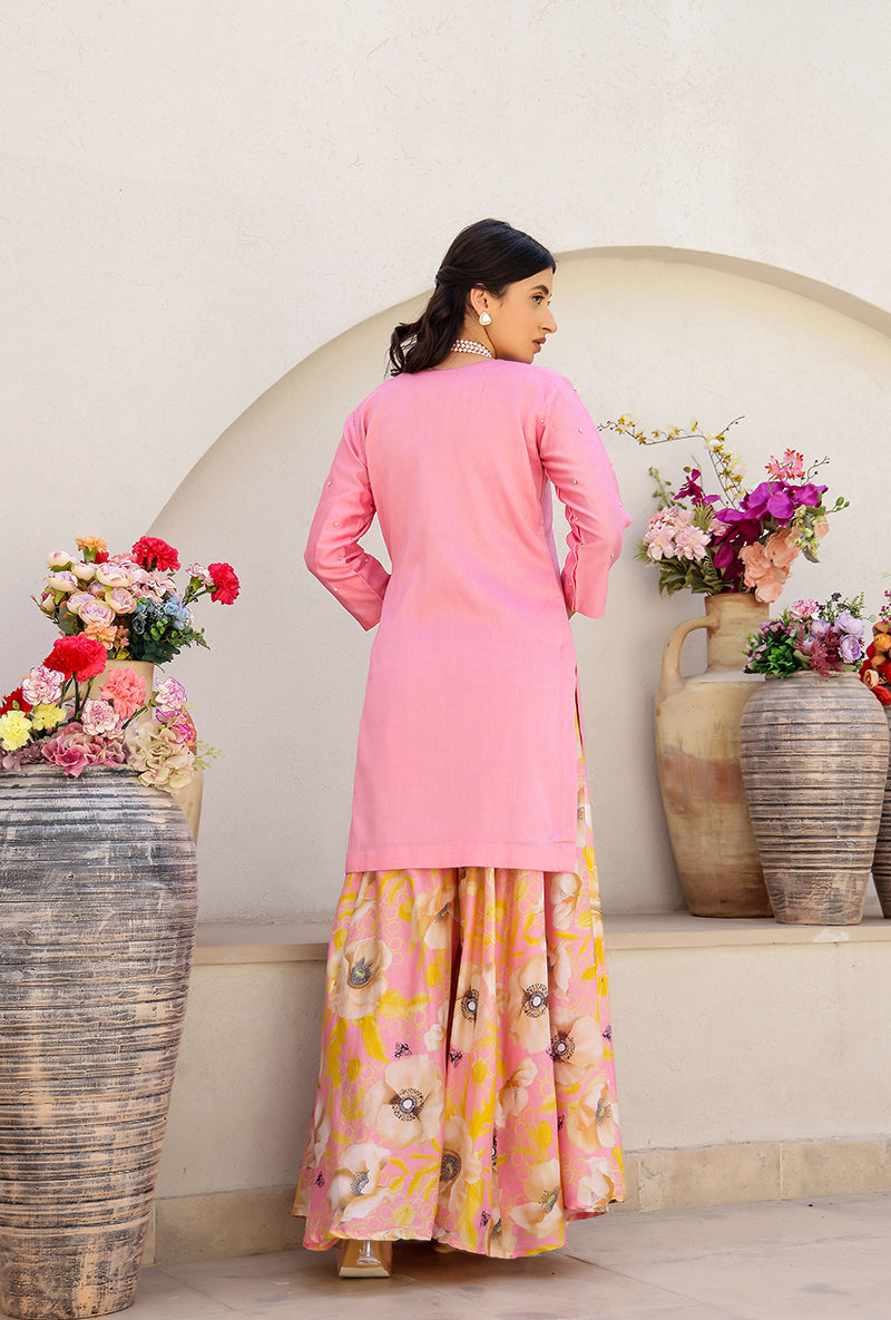 Pink Garden Printed Embroidered Magnolia Sharara Set