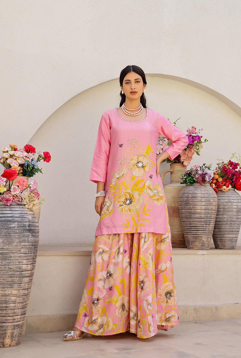 Pink Garden Printed Embroidered Magnolia Sharara Set
