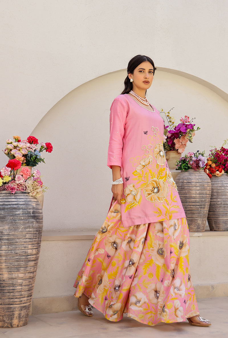Pink Garden Printed Embroidered Magnolia Sharara Set
