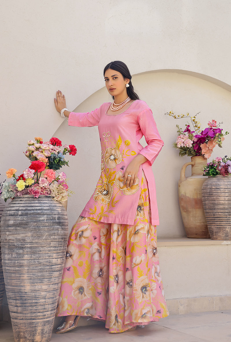 Pink Garden Printed Embroidered Magnolia Sharara Set