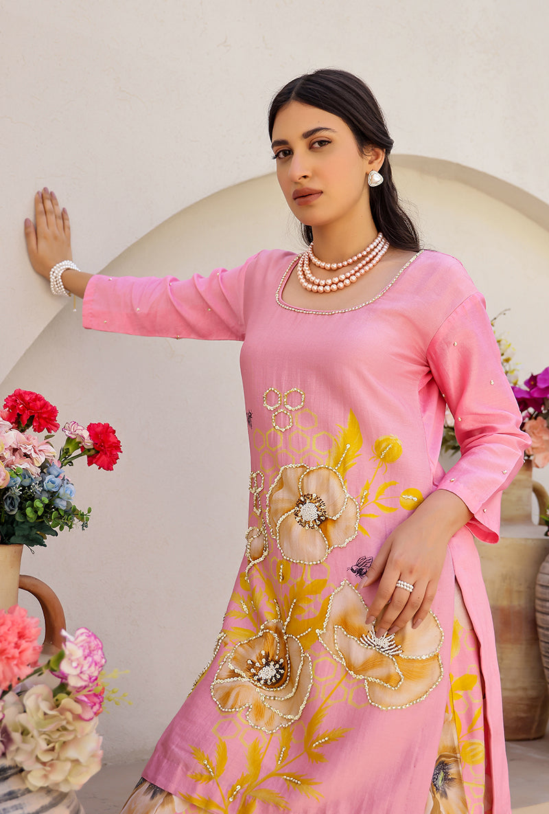 Pink Garden Printed Embroidered Magnolia Sharara Set