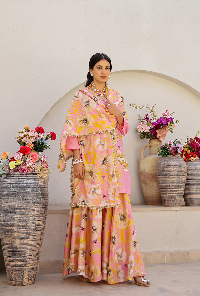 Pink Garden Printed Embroidered Magnolia Sharara Set