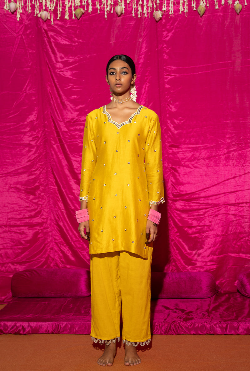 Yellow Embroidered Short Kamli Kurta Set