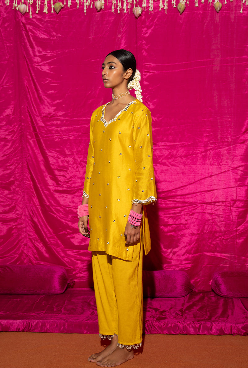 Yellow Embroidered Short Kamli Kurta Set