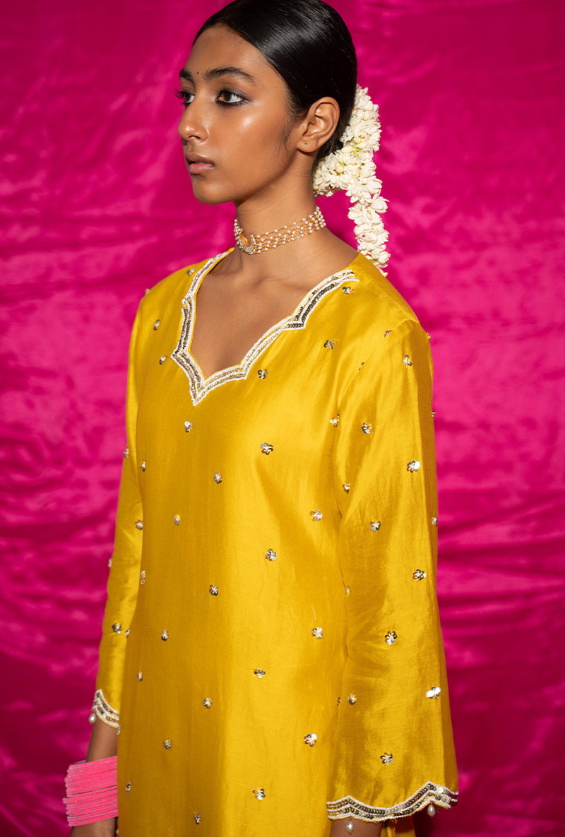Yellow Embroidered Short Kamli Kurta Set