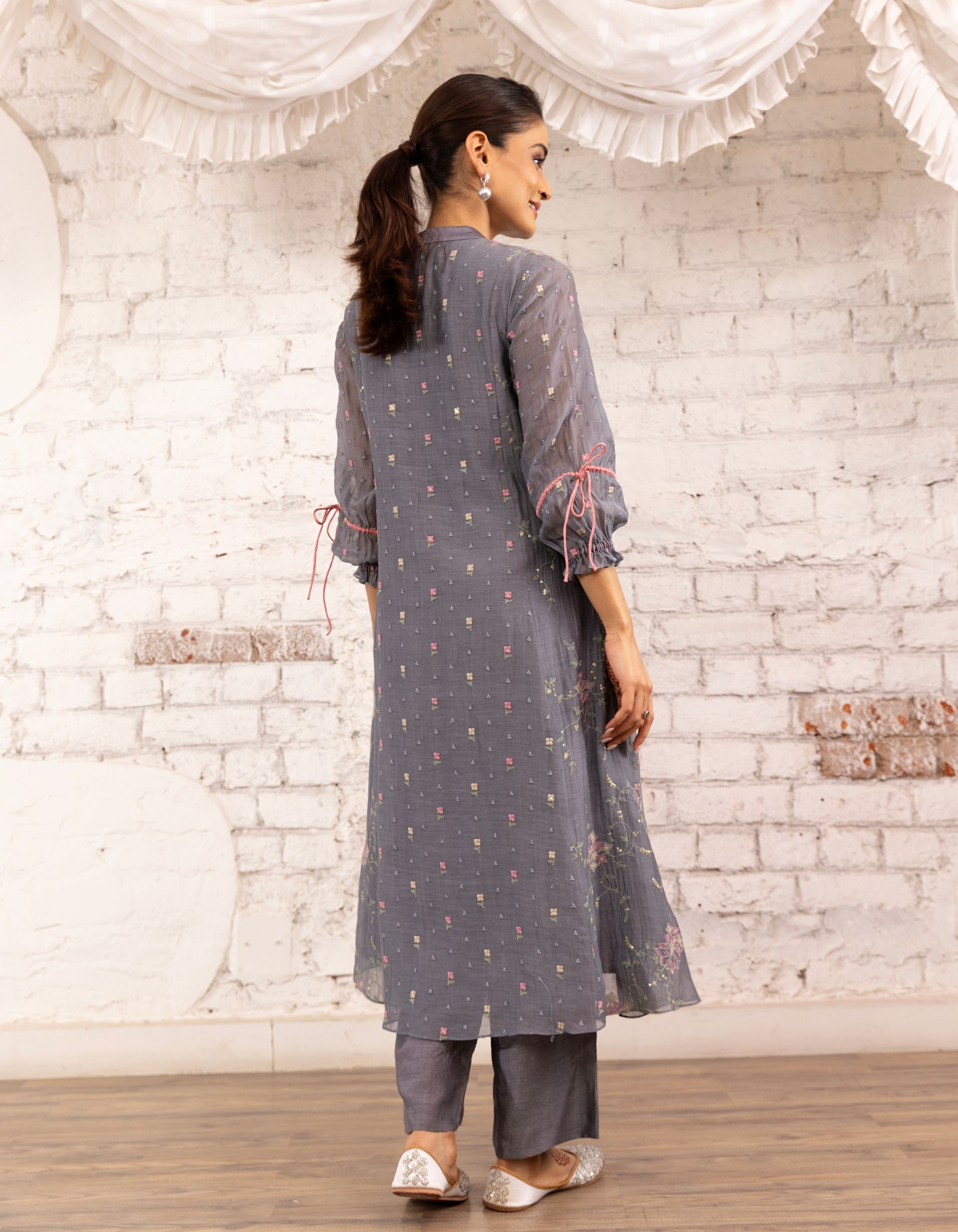 English Blue Threadwork Short Yoke Noor Kurta Set