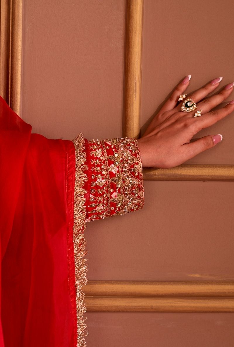 Red Bandhej Rasia Kurta Set