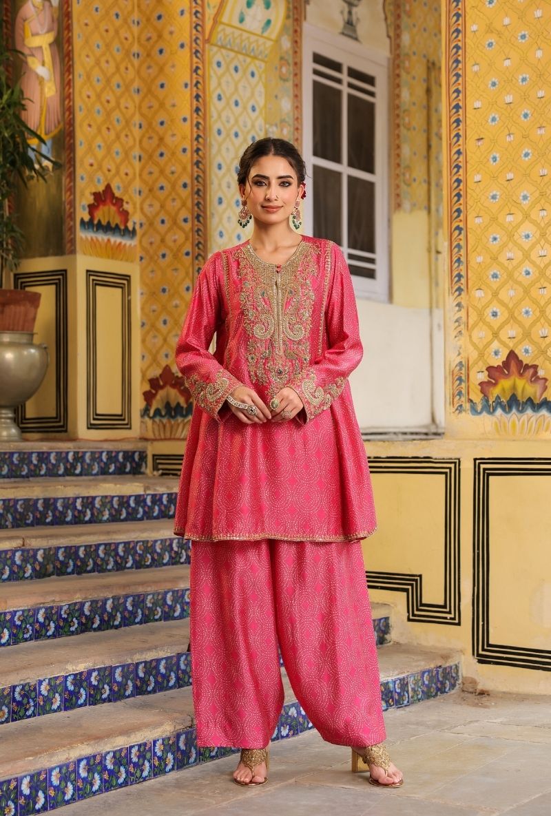 Pink Printed Pheran Short Mehfil Kurta Set