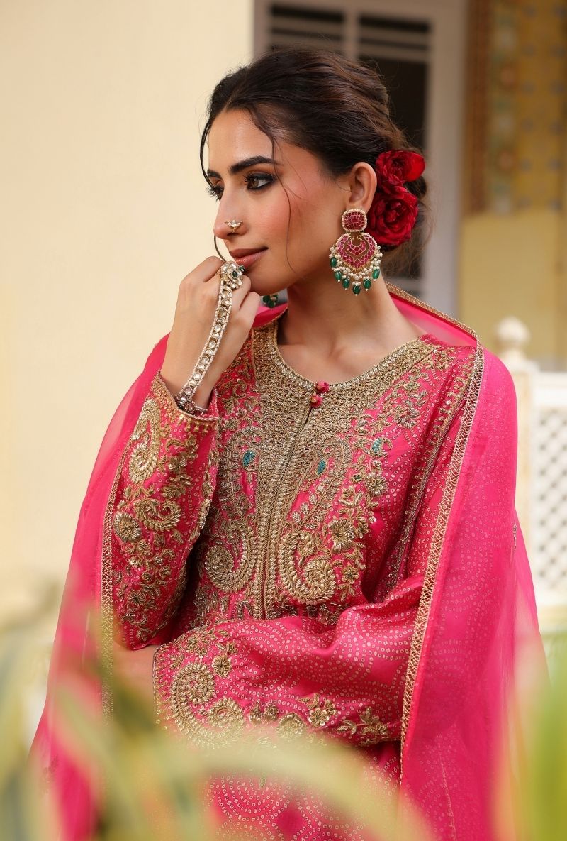 Pink Printed Pheran Short Mehfil Kurta Set