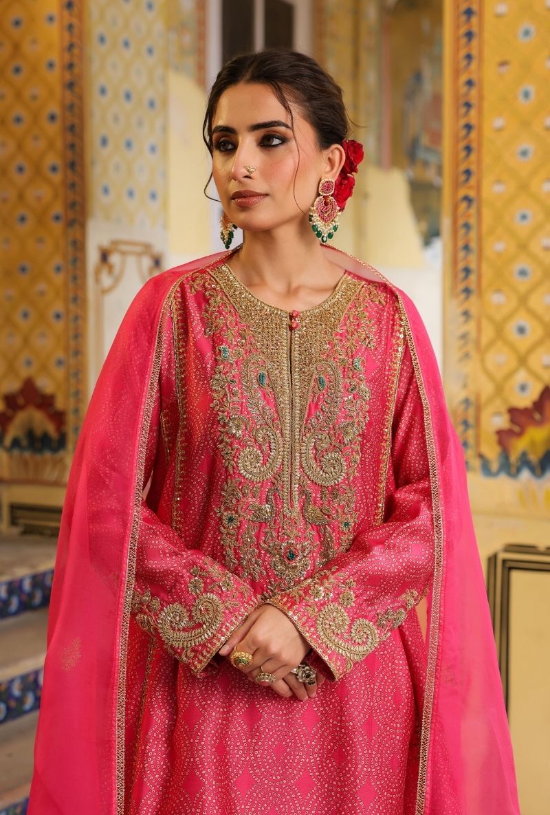 Pink Printed Pheran Short Mehfil Kurta Set