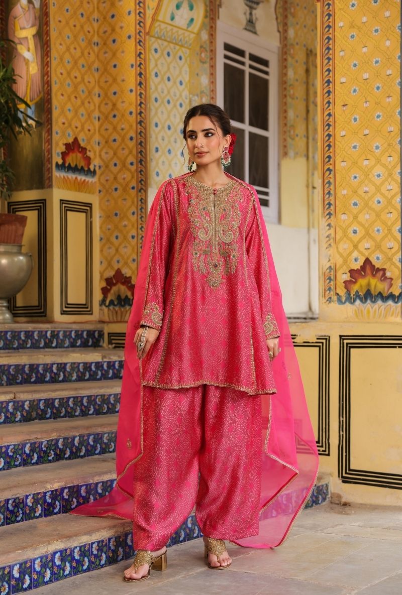 Pink Printed Pheran Short Mehfil Kurta Set