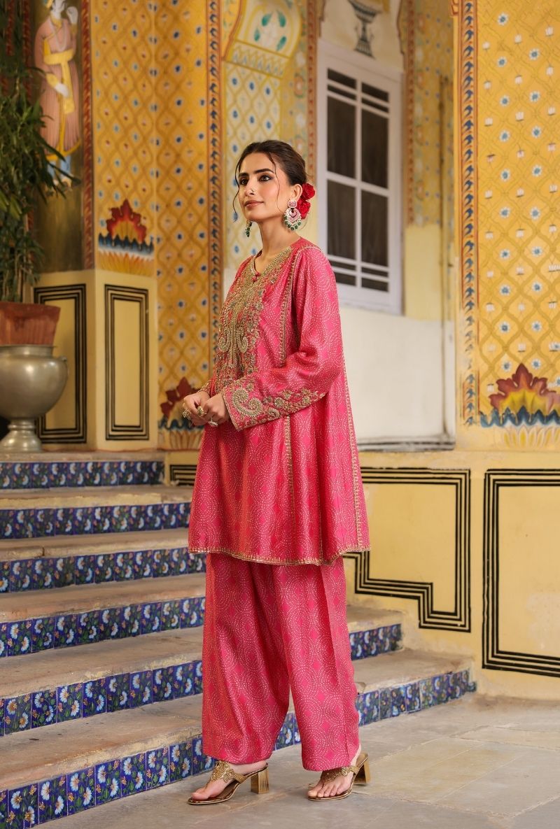 Pink Printed Pheran Short Mehfil Kurta Set