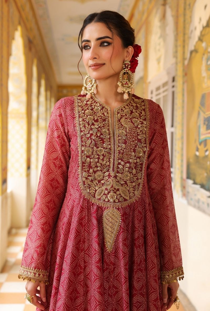 Maroon Printed Mehfil Anarkali Set