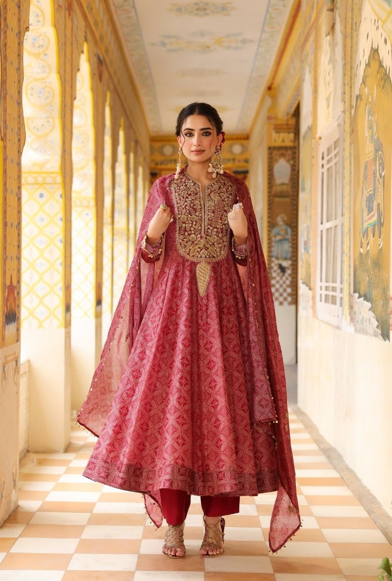 Maroon Printed Mehfil Anarkali Set