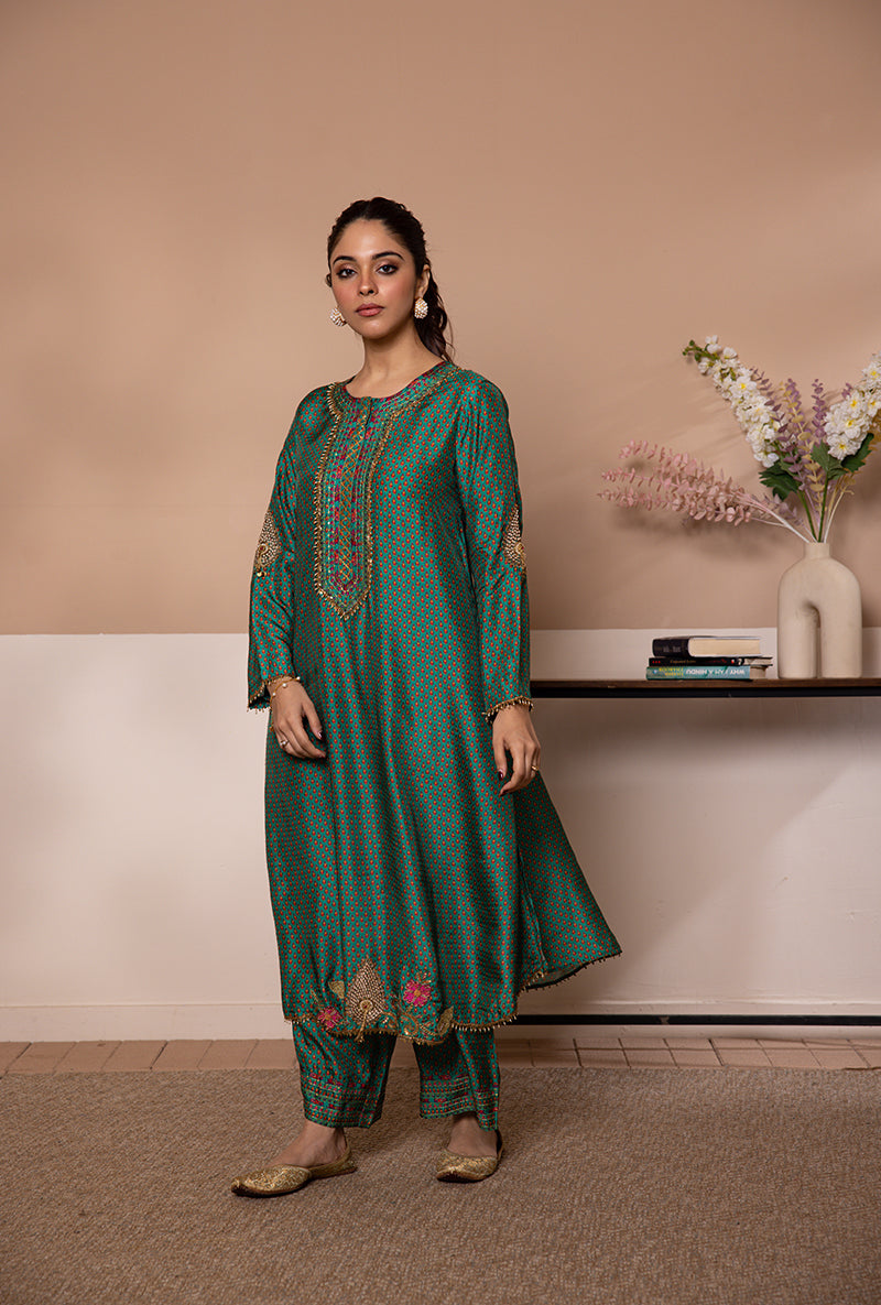 Green Cheent Print Heavy Hem Shaheen Kurta Set