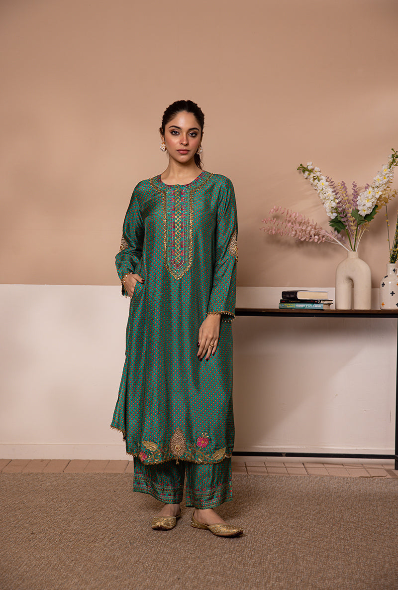 Green Cheent Print Heavy Hem Shaheen Kurta Set