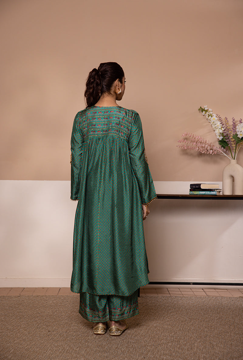 Green Cheent Print Heavy Hem Shaheen Kurta Set