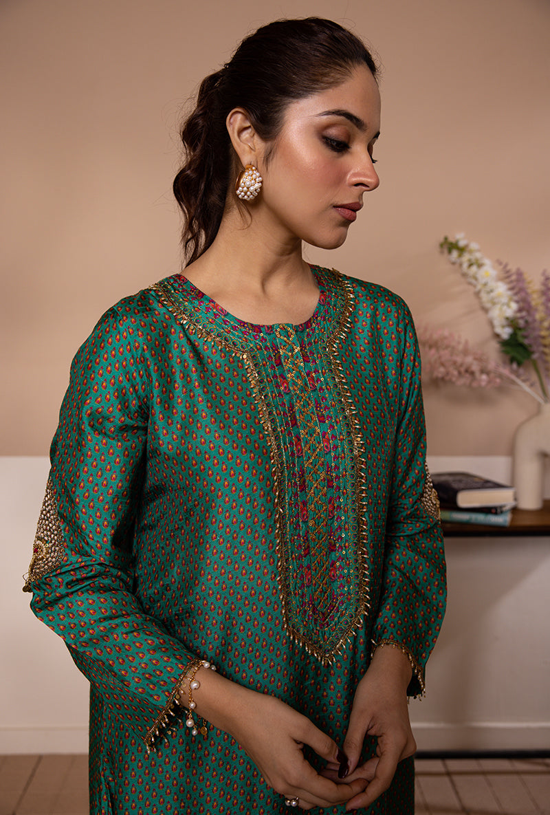 Green Cheent Print Heavy Hem Shaheen Kurta Set
